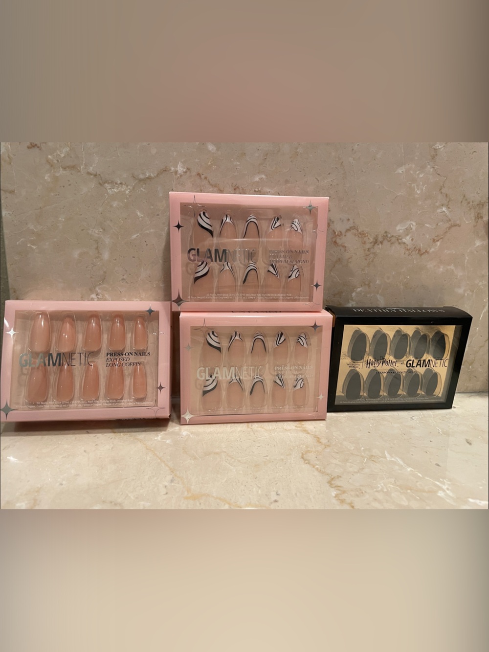 Glamnetic Women’s Press-On Nail Sets — Nude, Black & White Marble Styles